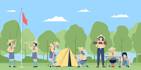 Scouts in nature camping, forest survival adventures. Scout and ranger, cartoon teens and children in hiking. Young team camp, recent vector scene - obrazy, fototapety, plakaty