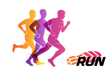 Fototapeta na wymiar Colorful silhouettes of running people. Conceptual vector illustration of marathon. Sport background with mans and womans in active lifestyle.