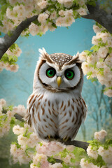 Naklejka premium illustration of a cute owl in the spring landscape in the background, during the cherry blossom, generative AI
