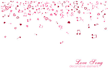 Notes and Hearts. Top border. Love Music decoration element isolated on the white background.