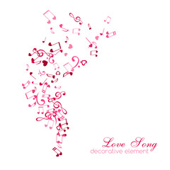 Notes and hearts. Love Music vertical decoration element isolated on the white background.