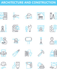 Architecture and construction vector line icons set. Architecture, Construction, Building, Designing, Structural, Blueprint, Planning illustration outline concept symbols and signs