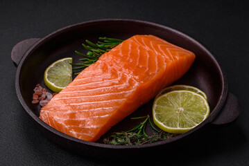 Fresh tasty raw red fish fillet with spices and herbs