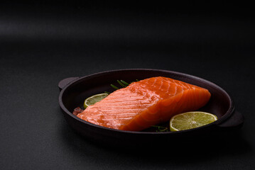 Fresh tasty raw red fish fillet with spices and herbs