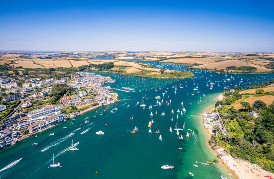 Aerial view of SALCOMBE and Kingsbridge Estuary from a drone, South Hams, Devon, England