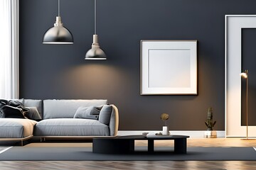 mock up empty poster frame with modern interior background, living room, minimalist style, 3D rendering, 3D illustration