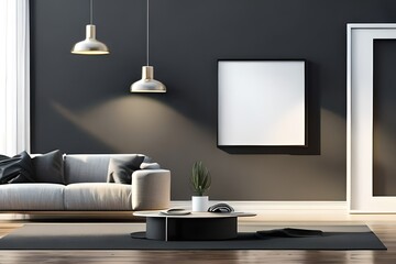 mock up empty poster frame with modern interior background, living room, minimalist style, 3D rendering, 3D illustration