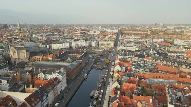 Aerial of Nyhavn and its waterfront in Copenhagen
