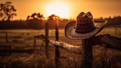Illustration of a cowboy hat on a fence - Scene with a beautiful sunset - obrazy, fototapety, plakaty