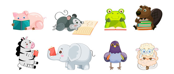 Set of animals reading books. Cute fantasy clever animals study at school. Children educational textbook concept. Zoo pupil characters read stories for kids. Cartoon print sticker. Vector illustration - obrazy, fototapety, plakaty