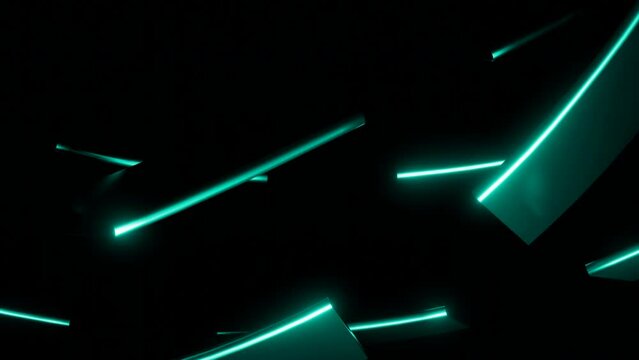 Abstract rotating neon tiles with glowing edges on a black background. Design. Spinning thin green tiles.