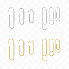 Realistic metal and gold paper clips set. Isolated and attached.