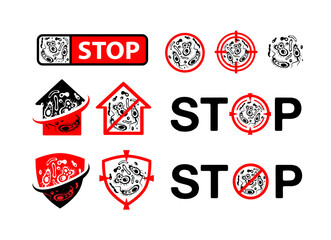 Bacterias control badges set. Design elements, labels and stickers, danger and stop signs with bacteria silhouette