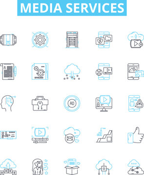Media services vector line icons set. Broadcasting, Streaming, Advertising, Publishing, Distribution, Video, Editing illustration outline concept symbols and signs