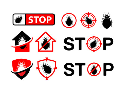 Pest control badges set. Design elements, labels and stickers, danger and stop signs with bedbug silhouette
