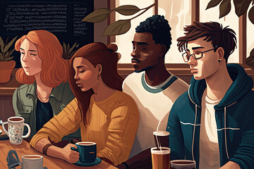 Illustration of friends at a coffee bar. Generative AI