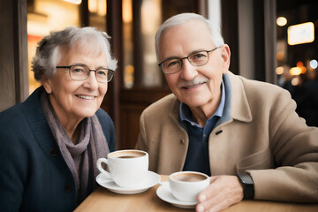 Fototapeta na wymiar Happy middle aged retired family couple drinking coffee in a French style cafe. Concept of active age. Generative AI