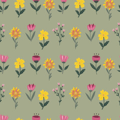 Seamless pink and yellow flower pattern, Floral summer print, Botanical ornament,  Spring flowers background,  Bright garden wallpaper