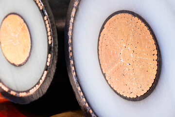 Close-up of high voltage copper cable cross-section, Industrial concept background