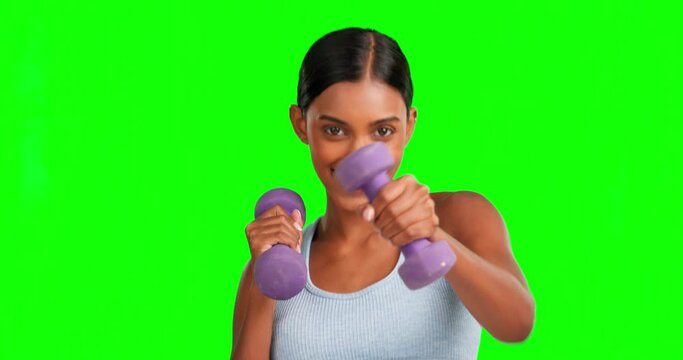 Green screen, face or happy woman with dumbbells for fitness, exercise or workout in zumba class, dynamic training or aerobics. Portrait, smile or sports athlete with weights in isolated dance mockup