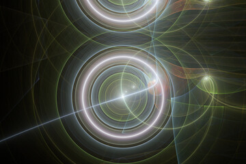 Multicolored glowing pattern of curved waves and rays on a black background. Abstract fractal 3D rendering