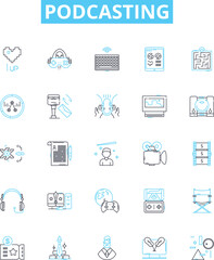 Podcasting vector line icons set. Streaming, Recording, Producing, Broadcasting, Hosting, Sharing, Listening illustration outline concept symbols and signs