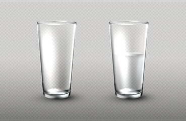 Two glasses isolated on white background. One of glass empty and the other half full of fresh mineral water. Realistic transparent tall cup with beverage. Healthy and diet concept. Vector illustration