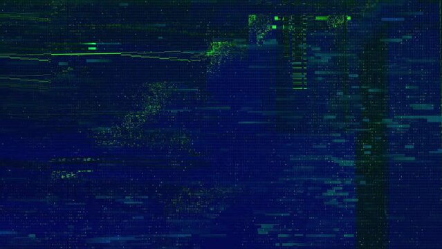 Neon blue and green digital glitch distortion HUD loop background. Concept animation of hacked screen with virus error blocks and computer code. Abstract backdrop of crashed display design element.