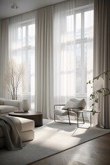 Modern interior design of living room, with window, curtain and arm chairs