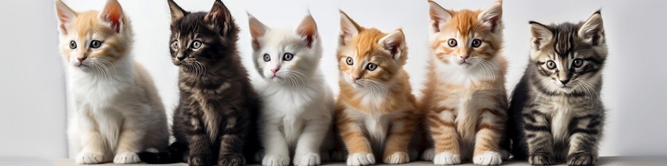 Fototapeta na wymiar Cute kittens sit in a line isolated on white background