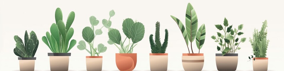 Arrayed potted plants isolated on white background banner
