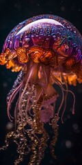 giant jellyfish swimming in dark water