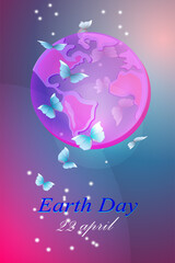 Earth Day poster design template. Blue planet in butterflies
 With light effect.