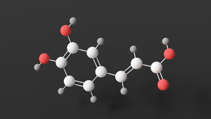 caffeic acid molecule, molecular structure, hydroxycinnamic acid, ball and stick 3d model, structural chemical formula with colored atoms