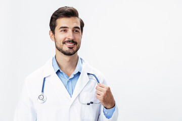 Fototapeta premium Man doctor in a white coat with a stethoscope smile with teeth and good test results looking into the camera on a white isolated background, copy space, space for text, health