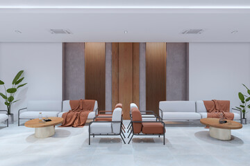 Modern office lobby or waiting area interior with furniture. Cozy designs concept. 3D Rendering.