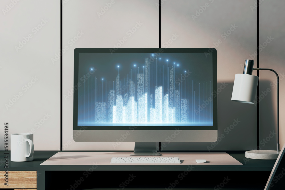Poster close up of designer workplace with coffee cup, supplies, various items and digital city on computer