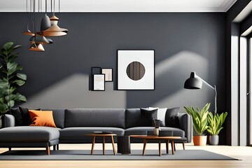 Modern interior of apartment, living room with grey sofa, black armchair, coffee tables and plant, panorama 3d rendering