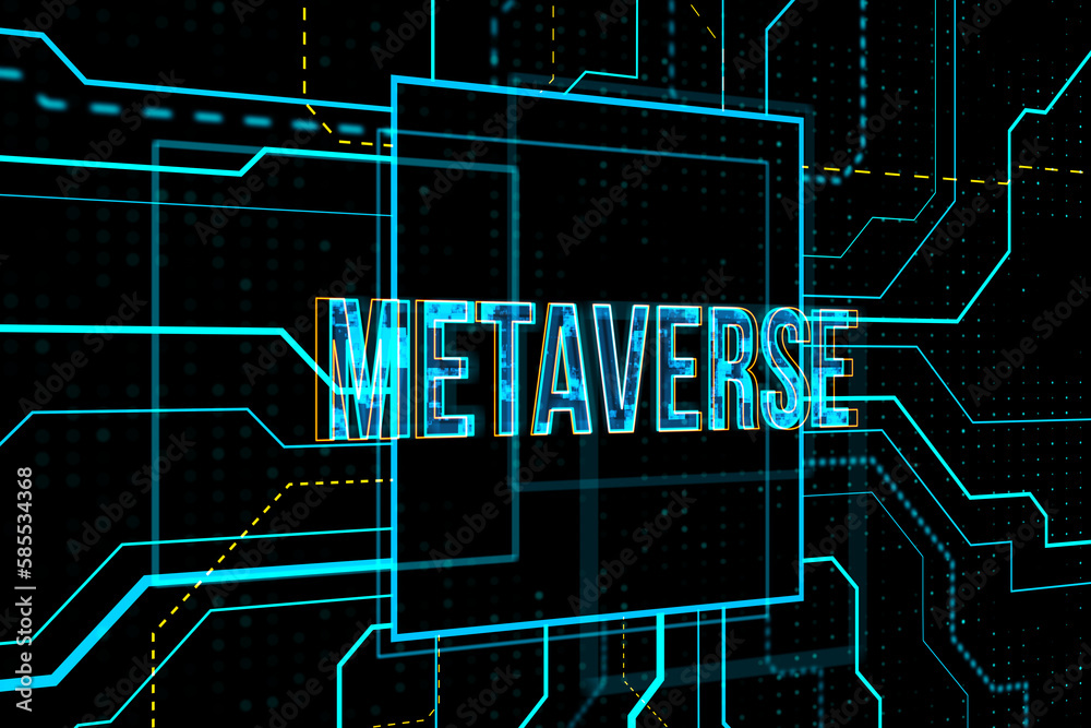 Aufkleber Glowing metaverse text on blurry tech backdrop. Digital world and future concept. 3D Rendering.