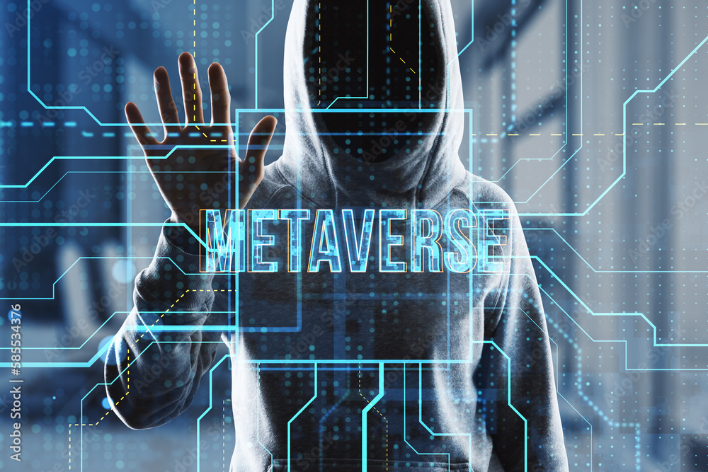 Poster Hcker using glowing metaverse text hologram on blurry tech background. Digital world, hacking and future concept. Double exposure.