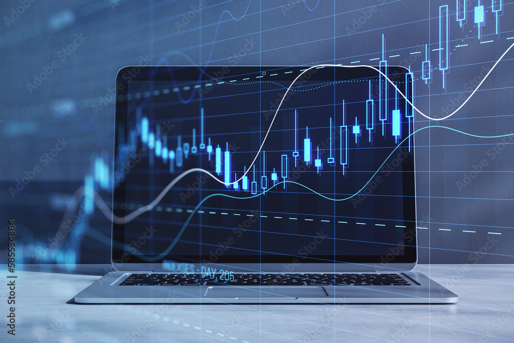Poster Close up of laptop computer with glowing candlestick forex chart with index on blurry background. Trade, stock and finance concept. Double exposure.