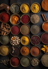 Obraz na płótnie Canvas Arrayed spices in small trays background