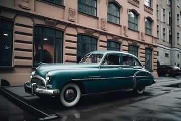 Fototapeta na wymiar vintage car in modern city parked near building on sidewalk, generative ai