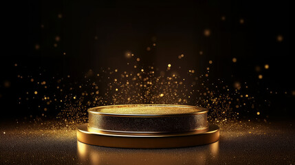 Gold glittering product podium. Shine Bright Like Gold with Our Dazzling Collection. A Perfect Display of Luxury and Glamour. Generative AI - obrazy, fototapety, plakaty