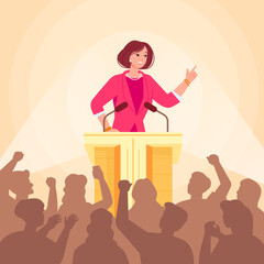 Woman politician. Female american politic speaker at faculty podium stage talk speech lecture to press audience business or political candid meeting, leadership vector illustration