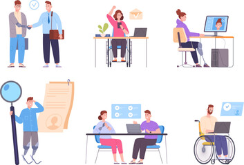 Fototapeta na wymiar Disabled people hiring. Handicapped worker on meeting job interview, corporate inclusion recruitment disability seeker or business handicap colleagues, splendid vector illustration