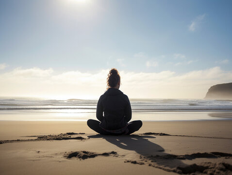 Woman Meditating Facing Away on a Beach | Generative AI