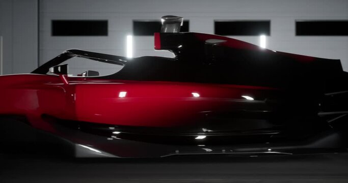 Side view silhouette of a modern generic sports racing car standing on a pit lane surrounded with flashing LED tube lights. Realistic 3d rendering
