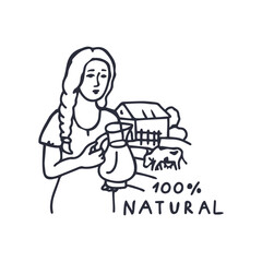 Woman farmer with jug of milk on farm background. Line illustration. The inscription is 100% natural.