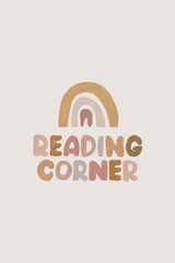Hand drawn cute rainbow. Corner reading and rainbow picture. Pastel color drawing. Kids Room Poster.